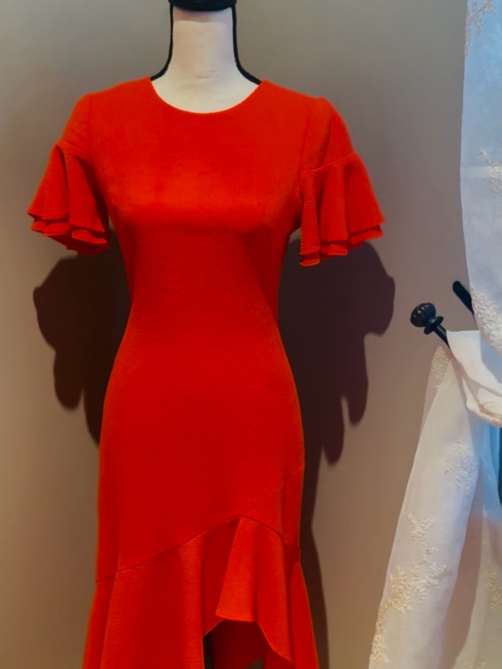 Black Halo Red Asymmetrical Ruffle Sleeve Midi Dress